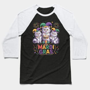 Mardi Gras Three Cute British Longhair Cats Masked Beads Baseball T-Shirt